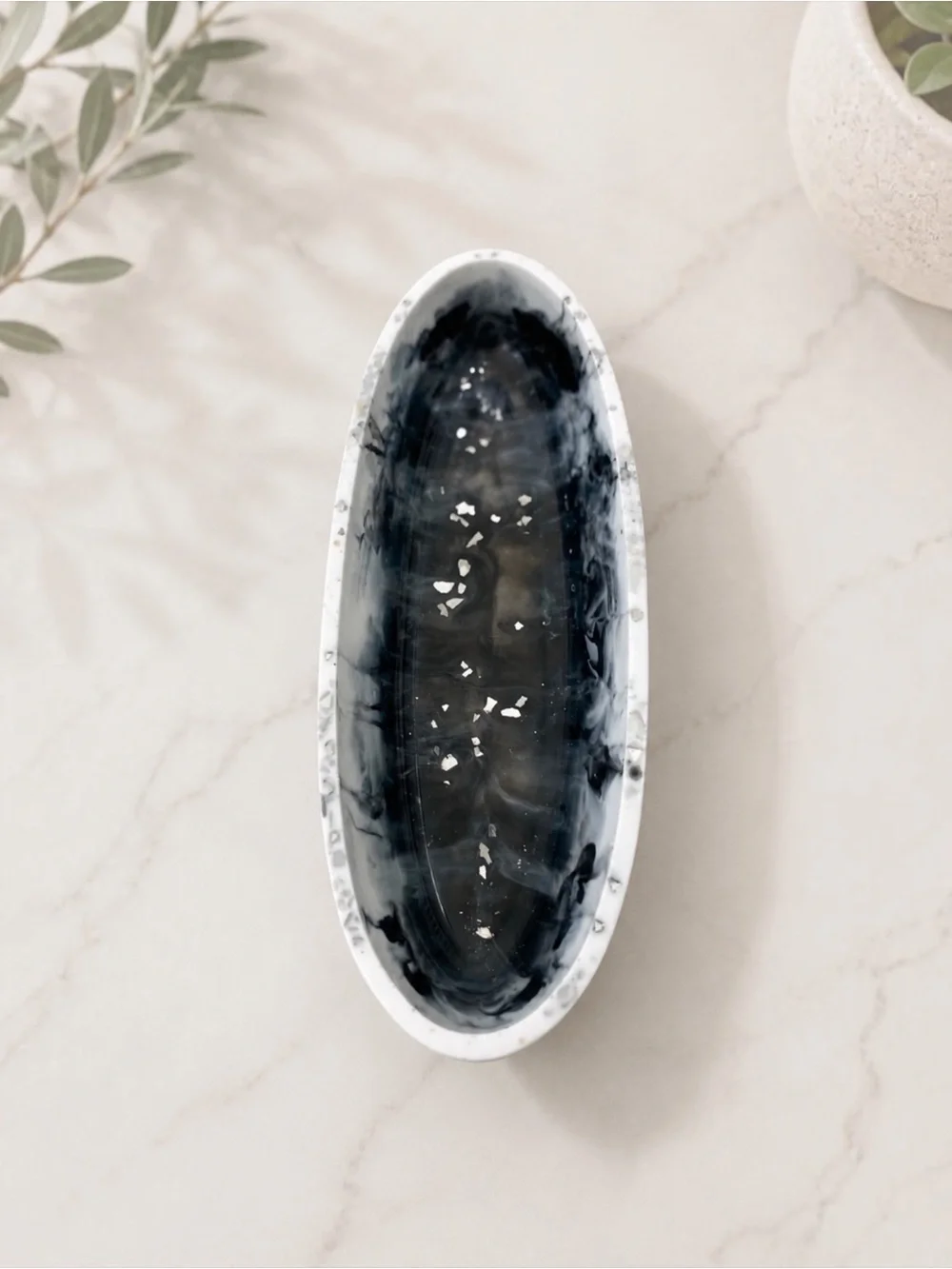 Black Marbled Oval Ceramic Soap Dish - Home Bath Vanity Tray
